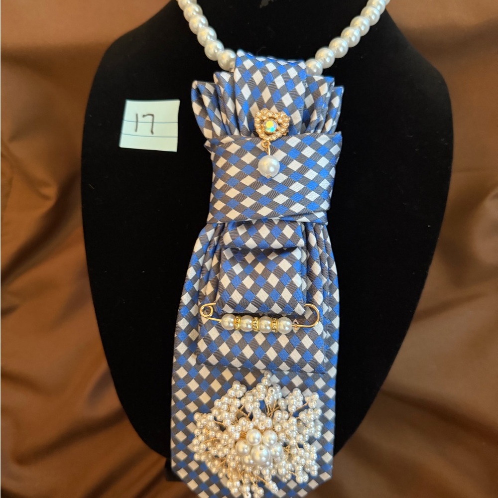 Blue and White Gingham Novelty Tie Necklace